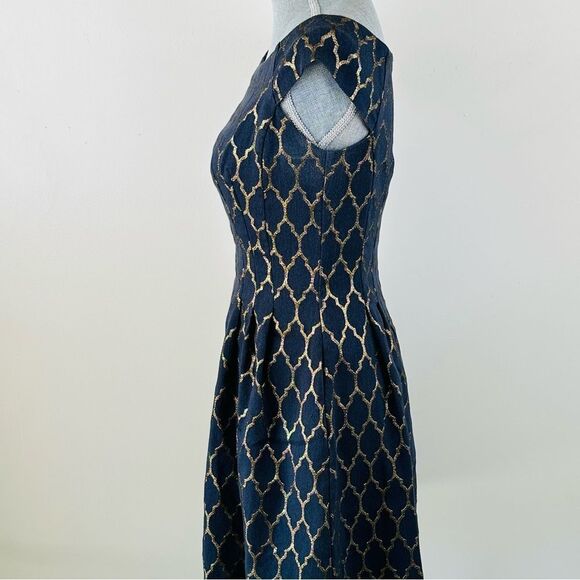 Vince Camuto SZ 6 Navy Gold Metallic Dress Stretch Fit/Flare Party Holiday - Picture 2 of 9